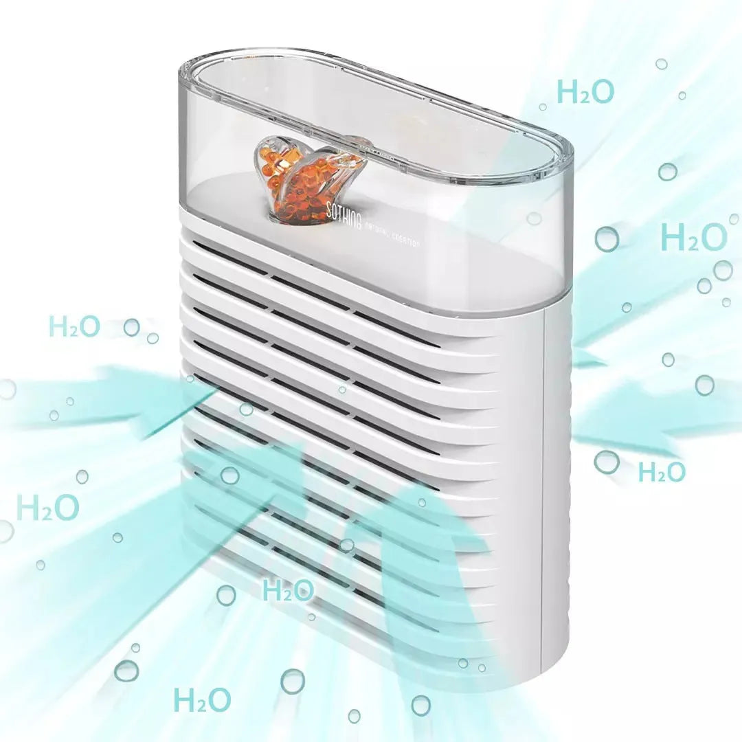 White reusable cabinet dehumidifier box with transparent leaf-design top showing colour-changing silica gel beads inside.