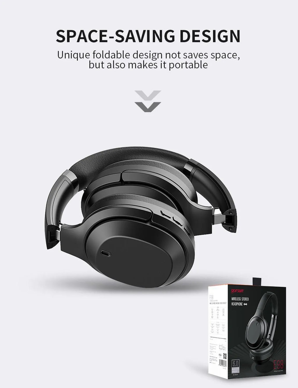 Black Gorsun E98 wireless Bluetooth over-ear headset with padded headband and memory-protein ear cushions