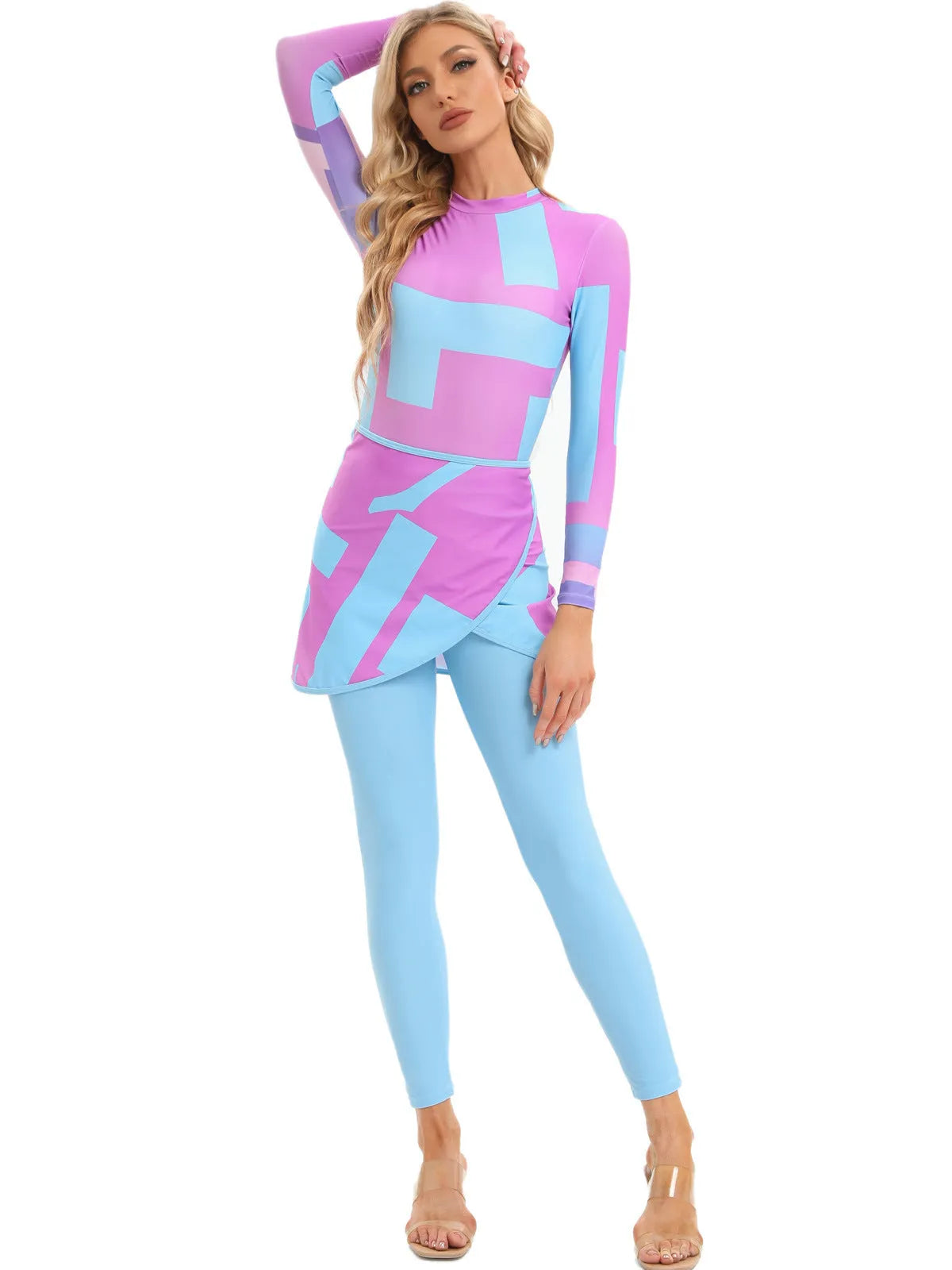 Conservative Muslim beach swimsuit three-piece set with apron in a fresh pattern.