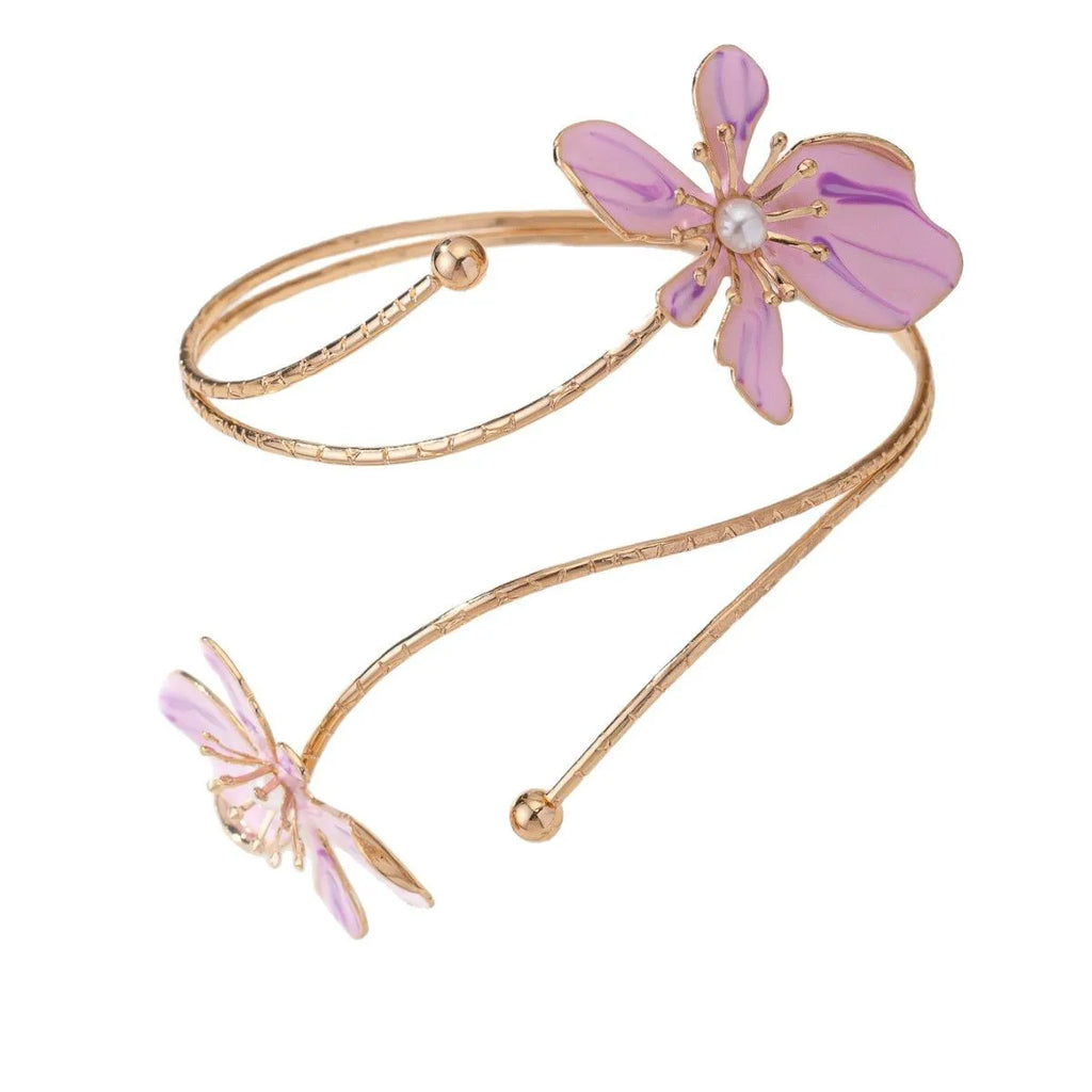 Pink and purple alloy armband bracelet with hollow patterned designs and detailed lines