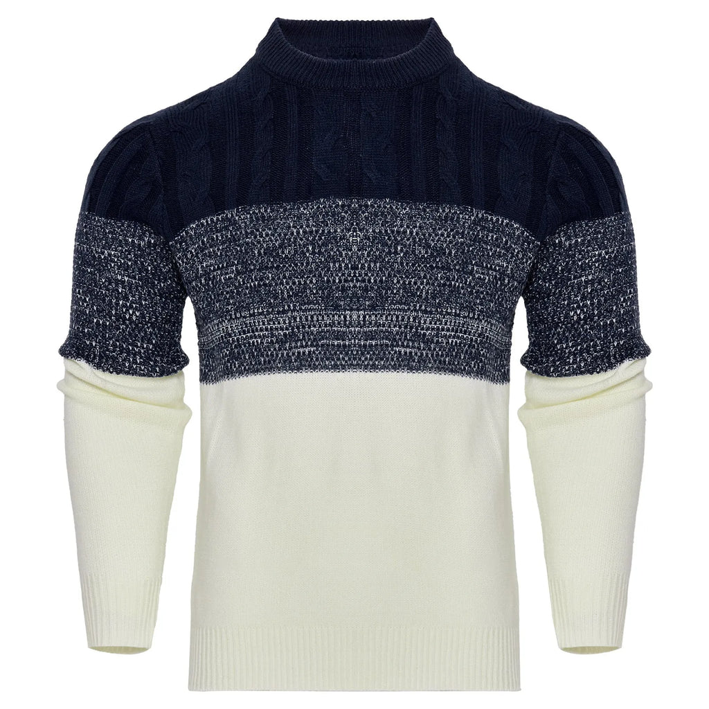 Men's knitted long-sleeved pullover sweater on a model, shown in one of several available styles.