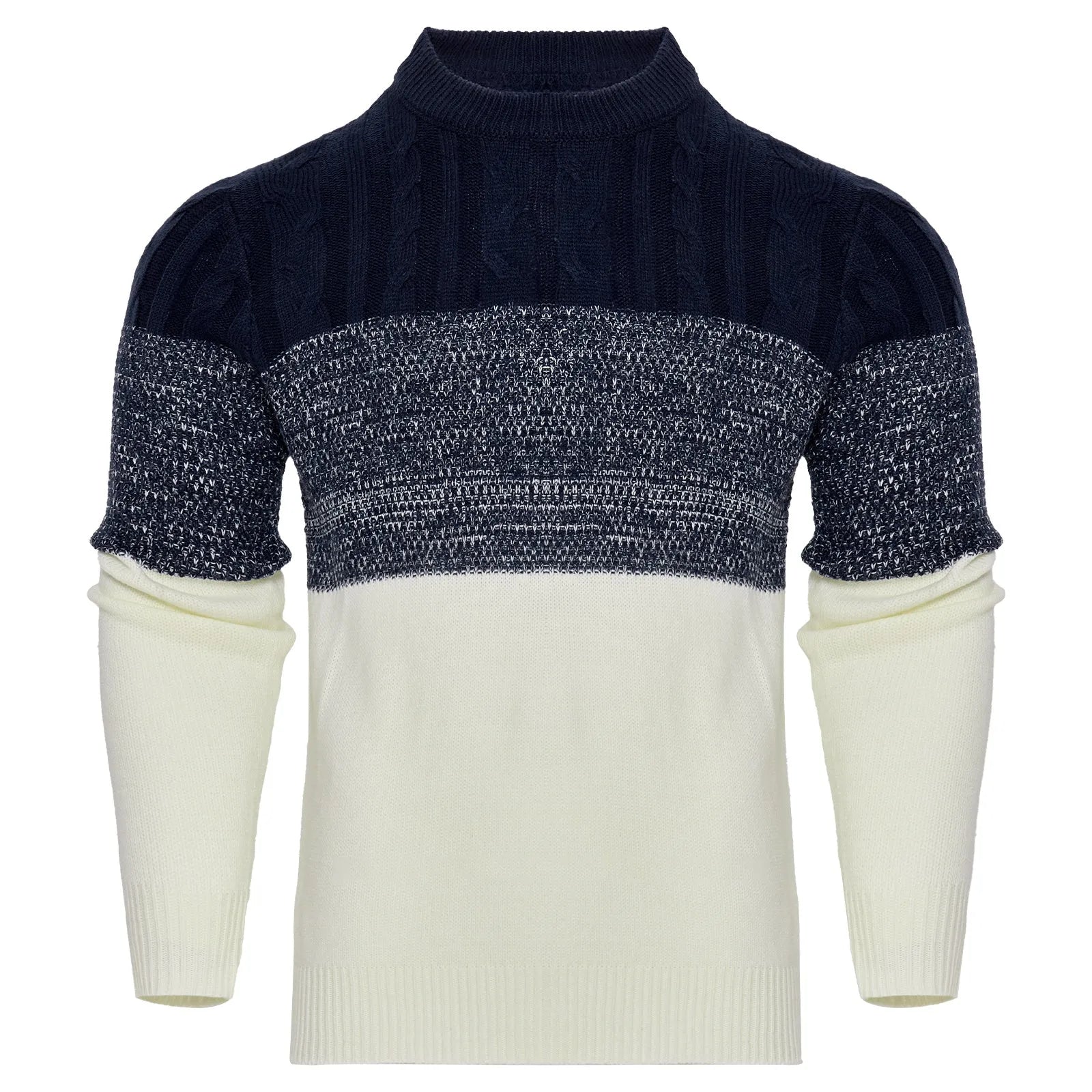 Men's knitted long-sleeved pullover sweater on a model, shown in one of several available styles.