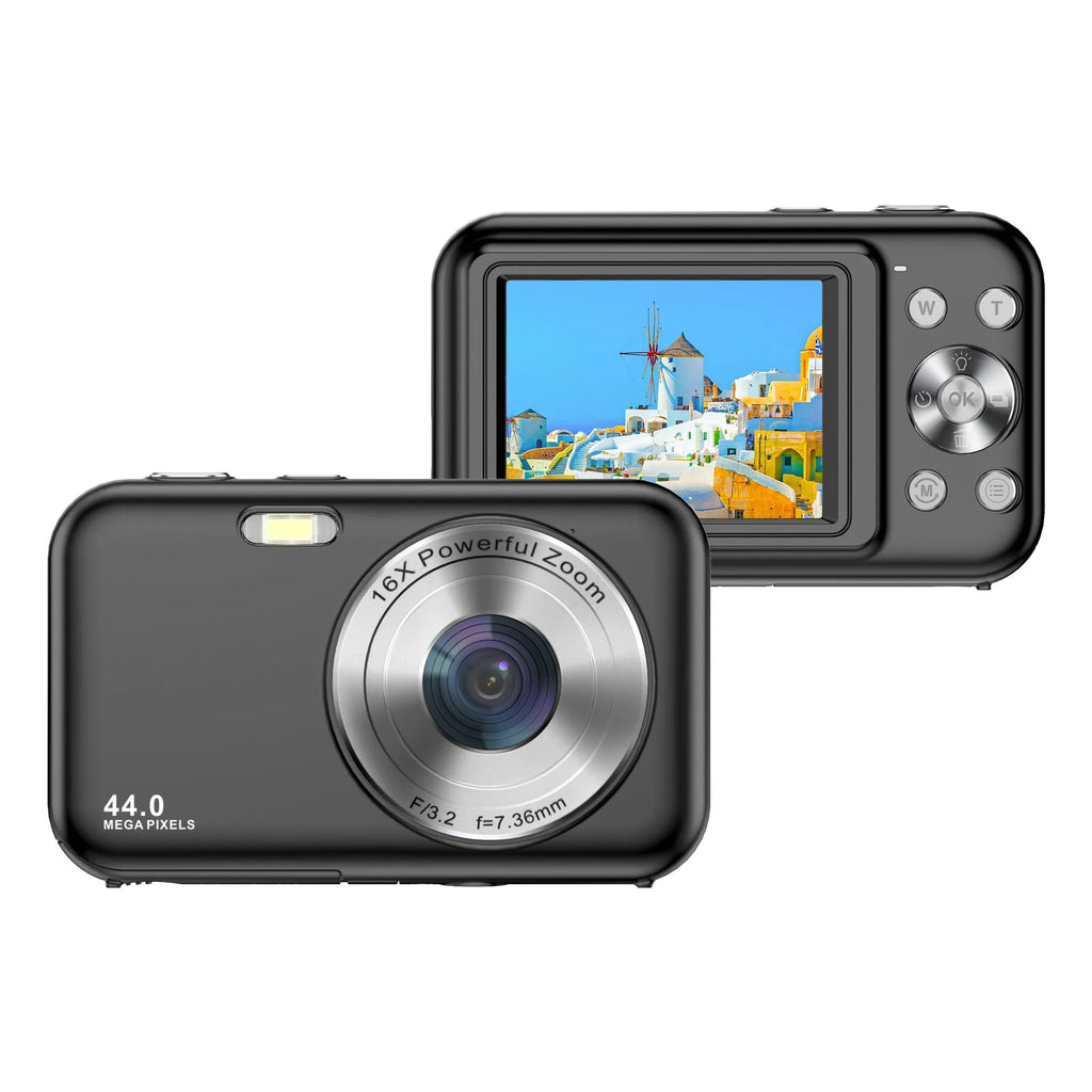 Children's digital camera in black, green, pink or purple with 2.4 inch screen showing camera interface
