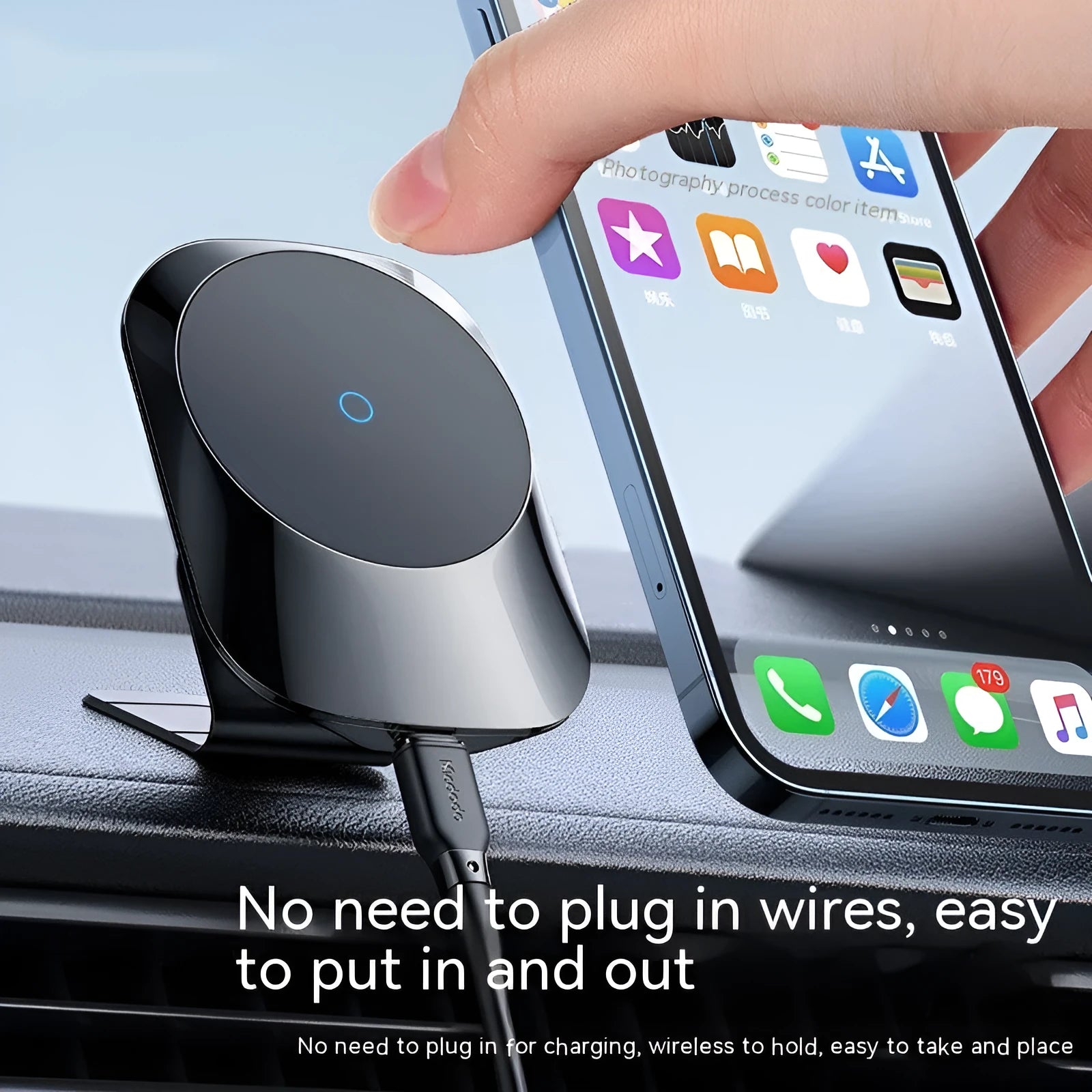 Black magnetic car wireless charging stand mounted on car dashboard with phone attached