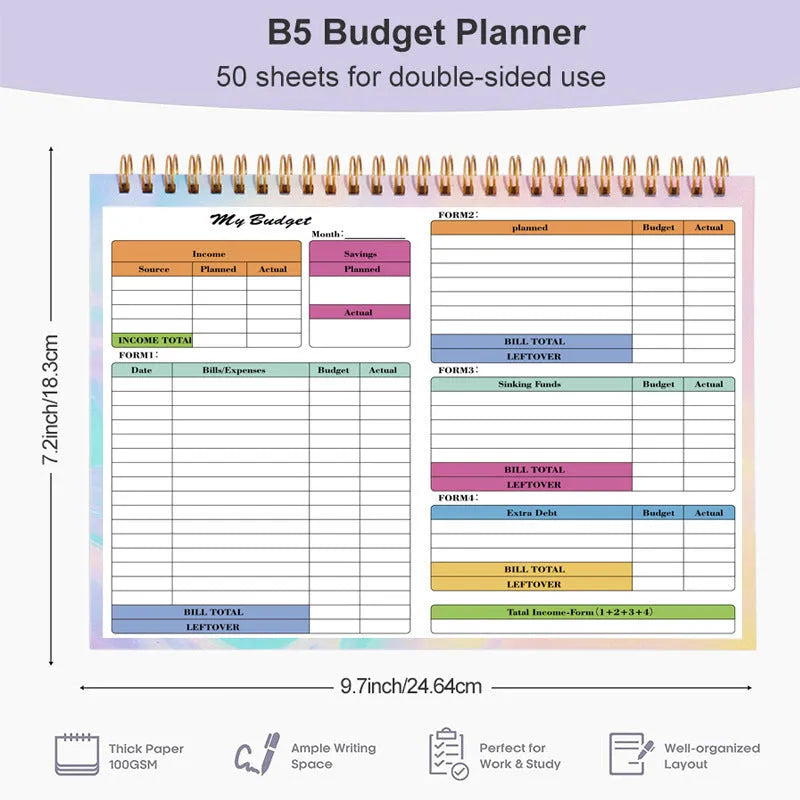 B5 budget tally book with spiral binding and PP cover for income and expenditure tracking