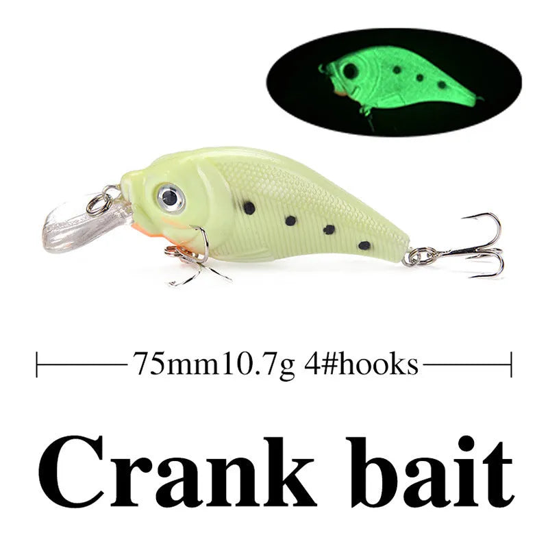Five 3D fluorescent hard bait fishing lures with luminous design in boxed packaging