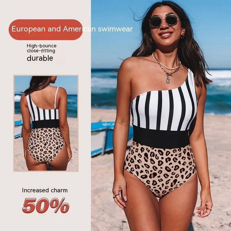 Women's leopard print one-piece swimsuit with asymmetric collar and high-waist triangle brief cut