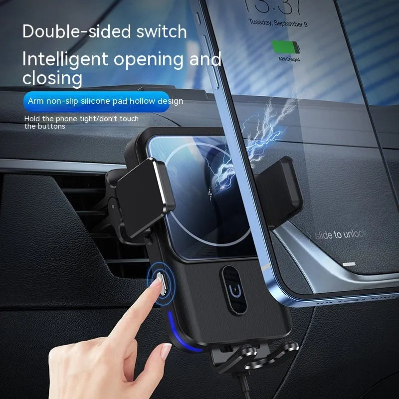 Car wireless charger phone holder with 15W charging in black with suction cup or clip mounting options