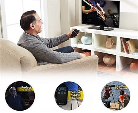Black digital personal voice enhancer hearing aid booster device with a display, resembling a handheld radio.