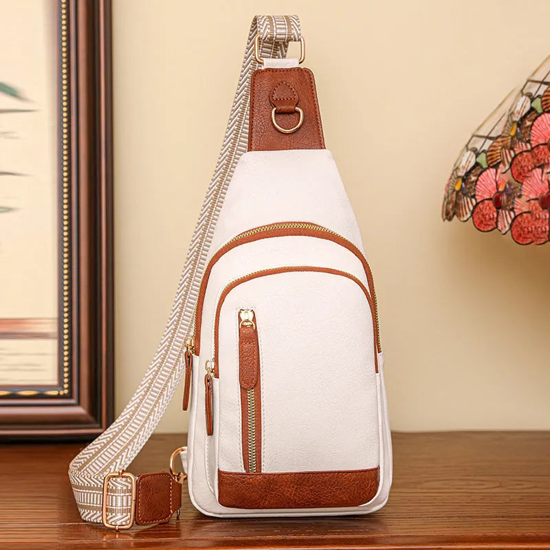 Women's soft PU messenger chest bag in beige with open pocket and stitching detail