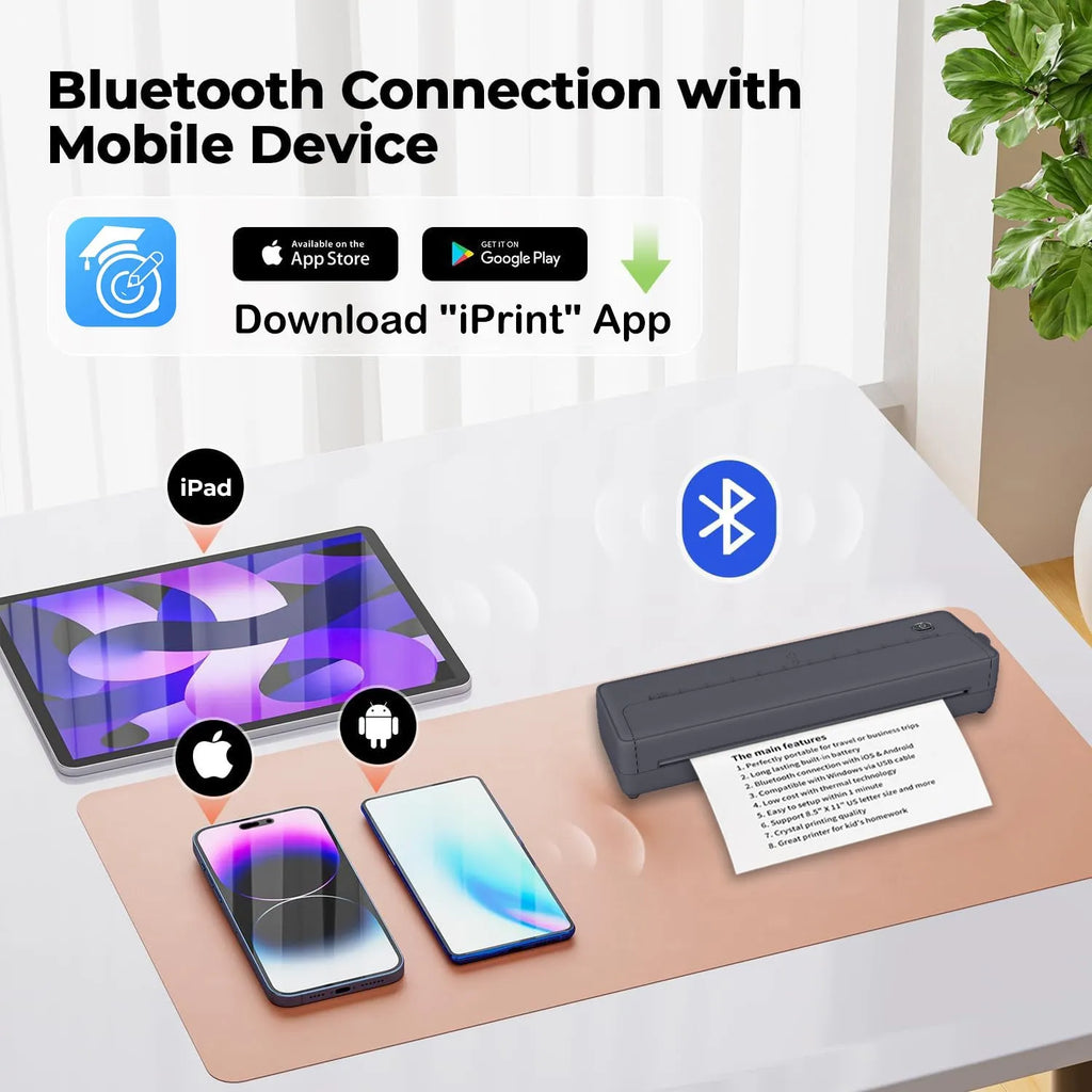 X8 portable A4 Bluetooth printer in black or white, showing compact size next to mobile phone.