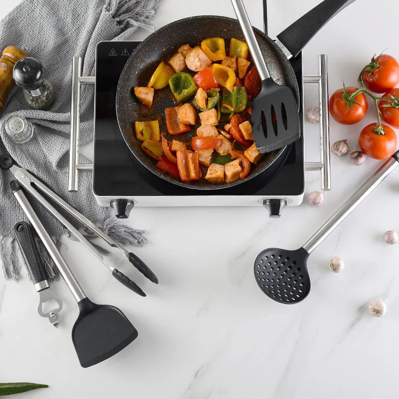 Black silicone and stainless steel kitchen utensil set with 16 pieces including four utensil types