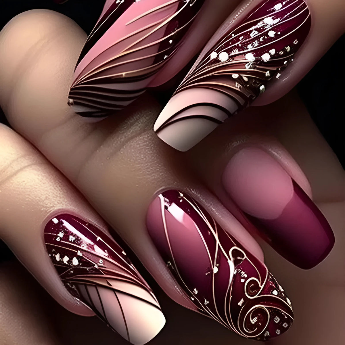 French line pattern removable nail stickers with glue in simple European style design