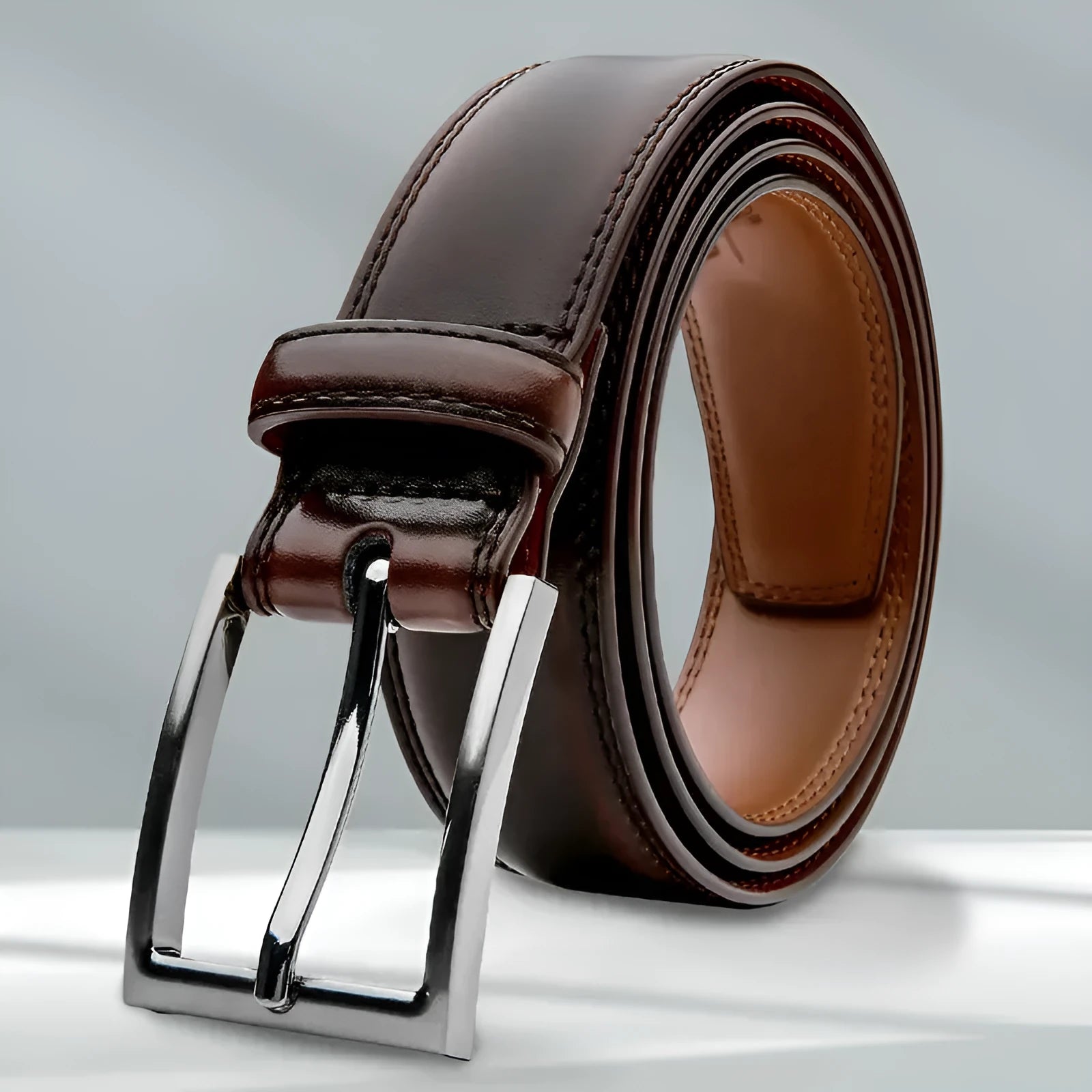 Men's brown genuine leather belt with wild grain pattern and alloy buckle on a white background