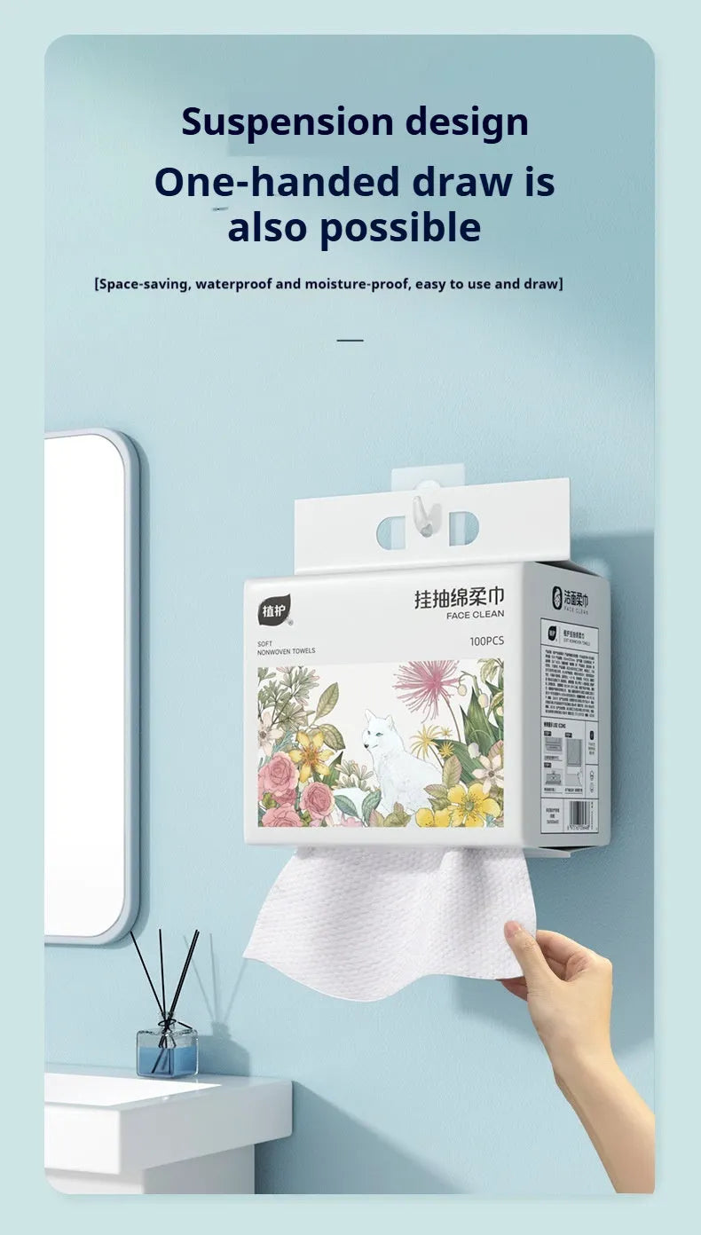 Disposable hanging roll of soft white face cloths with 100 sheets