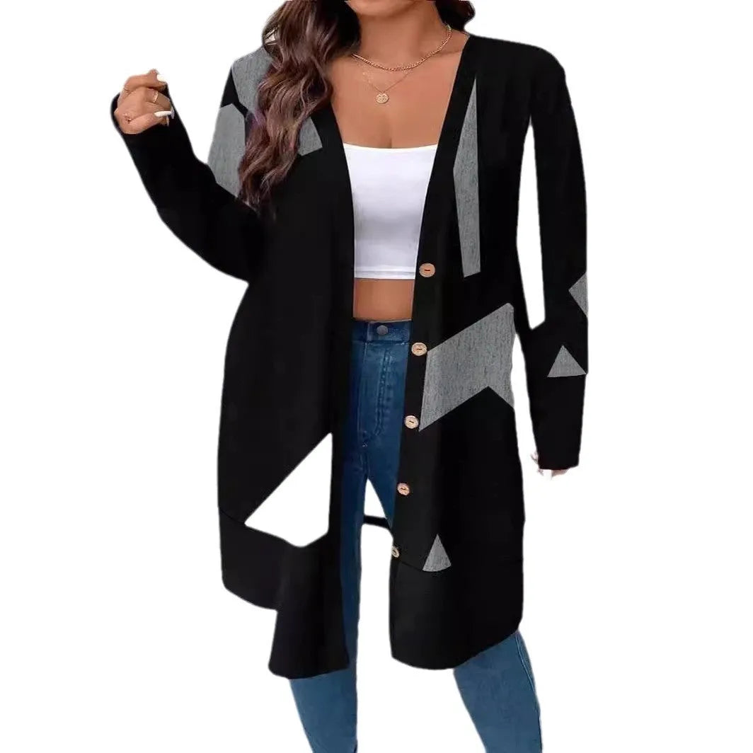 Black loose casual plus size cardigan coat with button stitching and printing design