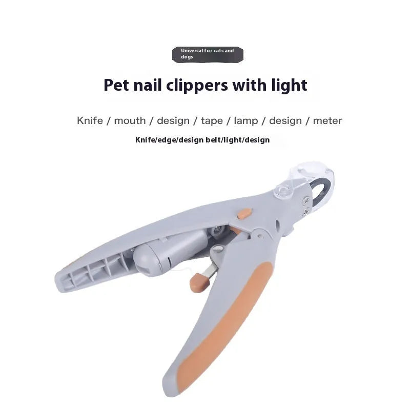 ABS plastic dog nail clipper with light on and imitation blood line guide visible on cutting head.