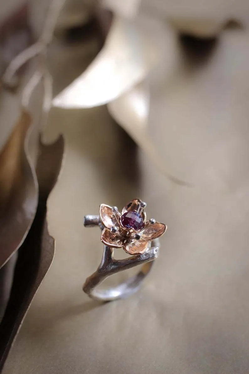 Silver two-tone floral geometric alloy women's ring available in sizes 5 to 11
