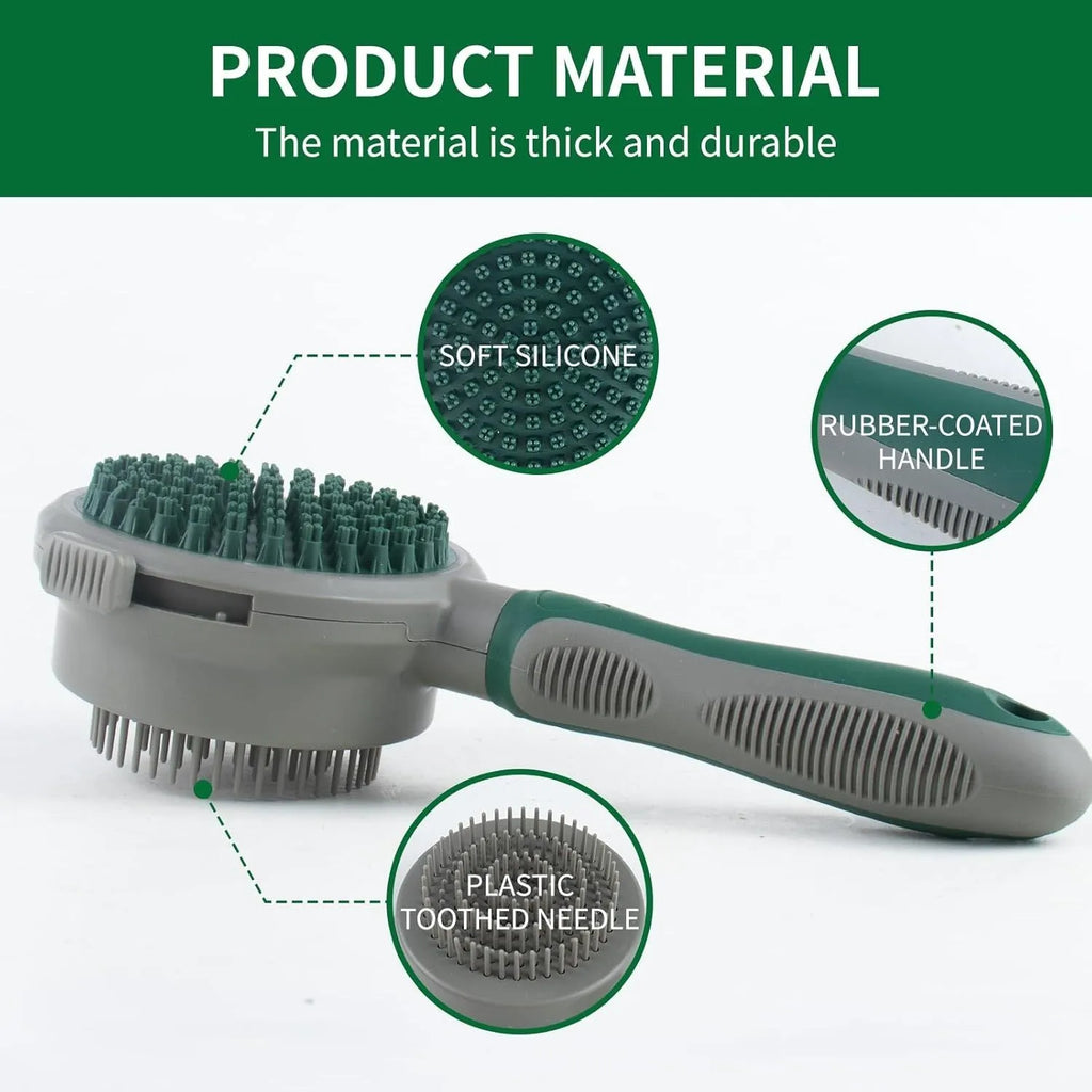 Green two-sided silicone pet brush with retractable slicker pins and a silicone massager head.