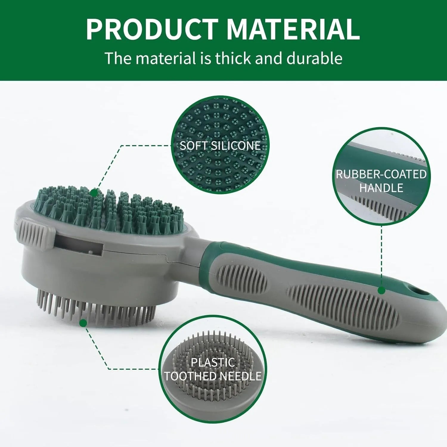 Green two-sided silicone pet brush with retractable slicker pins and a silicone massager head.