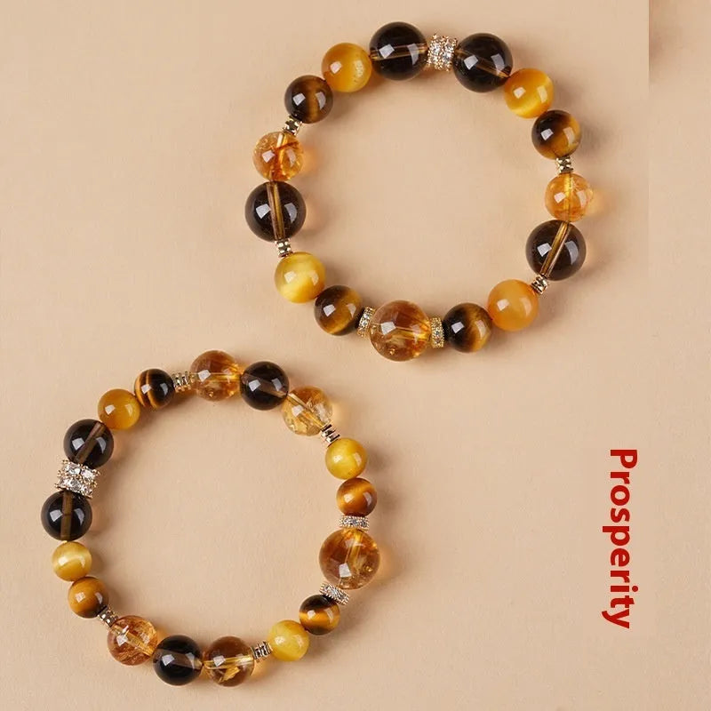 Natural tiger-eye crystal bracelet with geometric jinba design beads in 10mm and 12mm size options