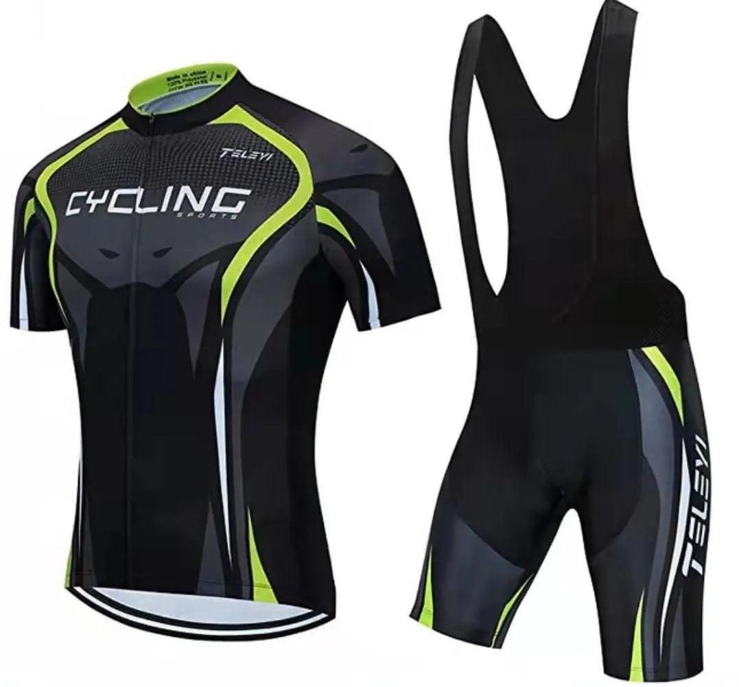 A man and woman wearing a matching blue cycling jersey set for summer road biking.