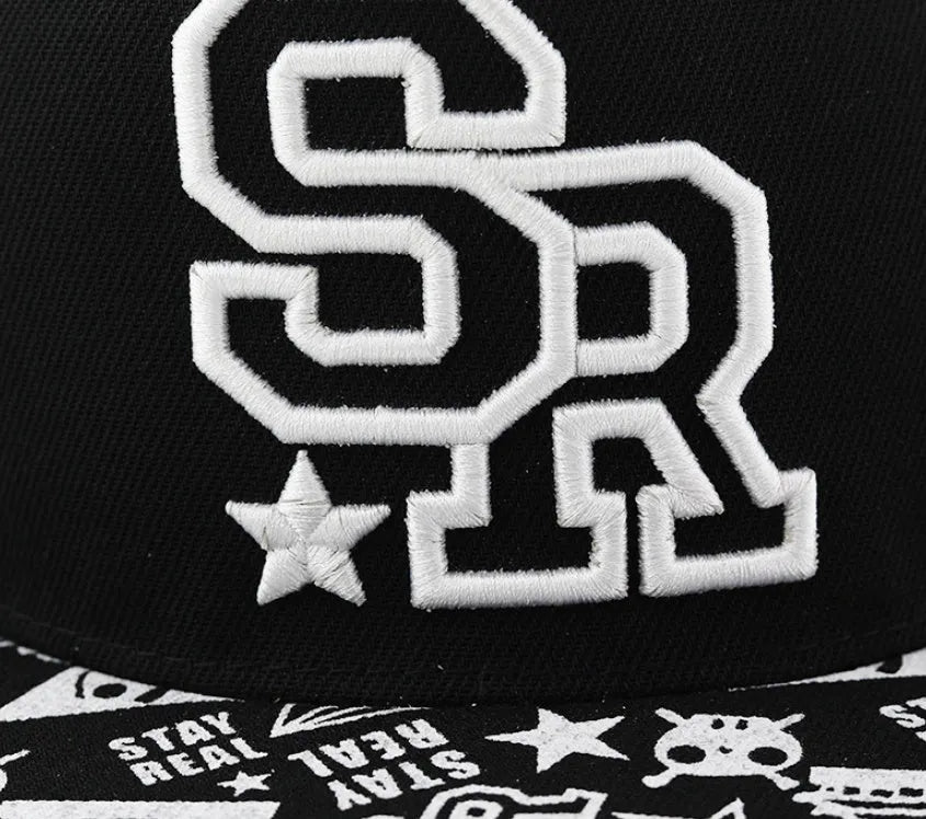 Cotton baseball cap with embroidered letters in black colour showing dome crown shape