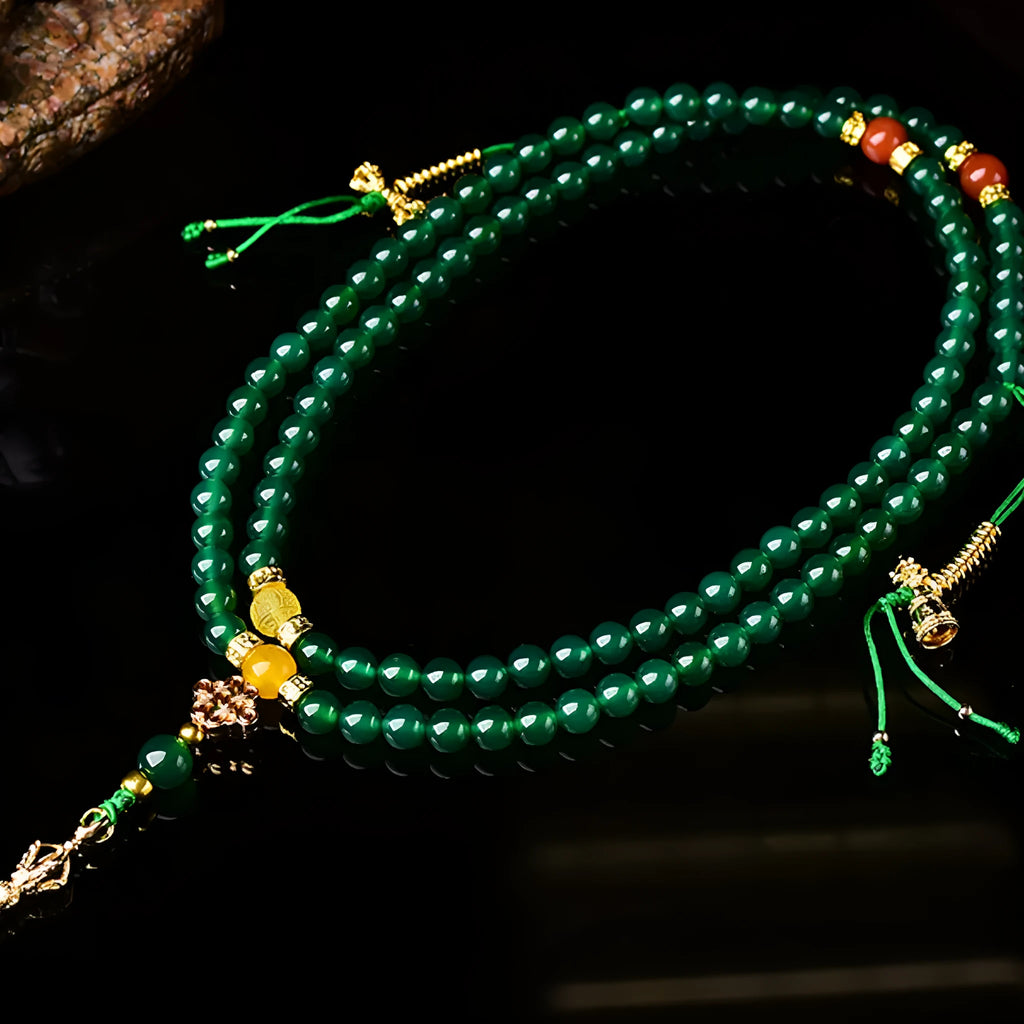 Natural green agate multi-circle bracelet for men and women on a wrist, showing bead detail.