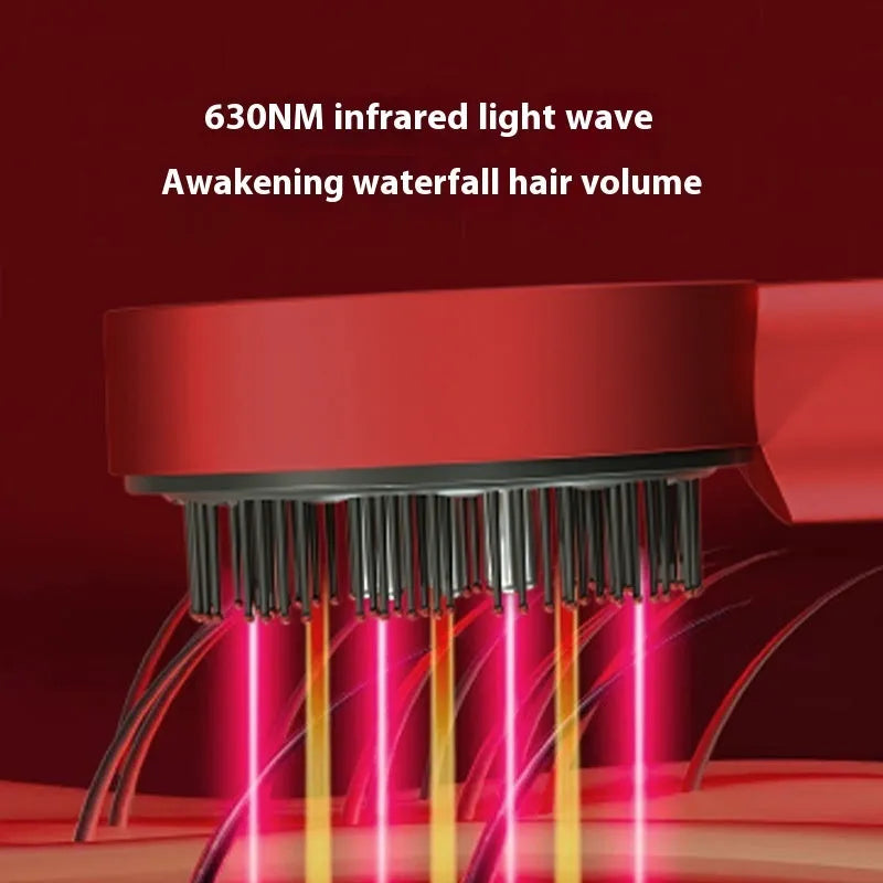 Black and red plastic electric massage comb for scalp with red and blue LED lights.