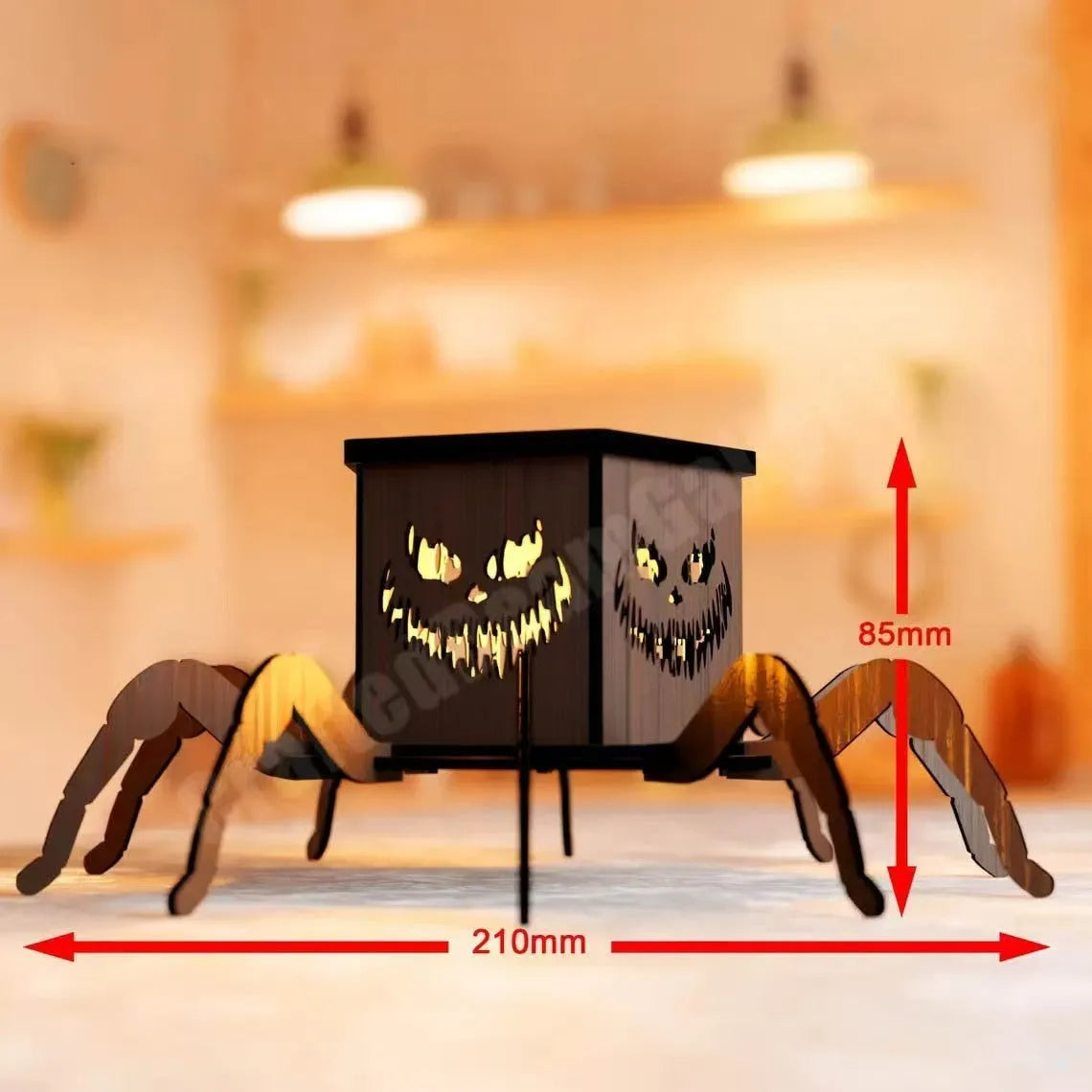 Wooden spider-themed lantern candlestick decoration for Halloween and gothic home decor