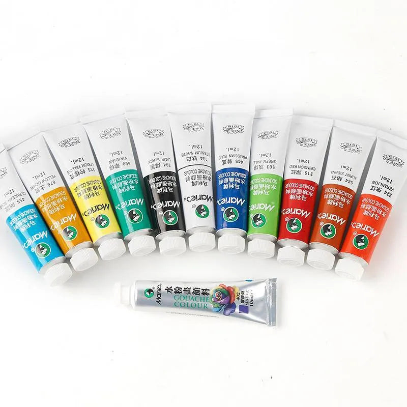 Gouache paint set boxes showing options for 12, 18, and 24 colours with paint tubes