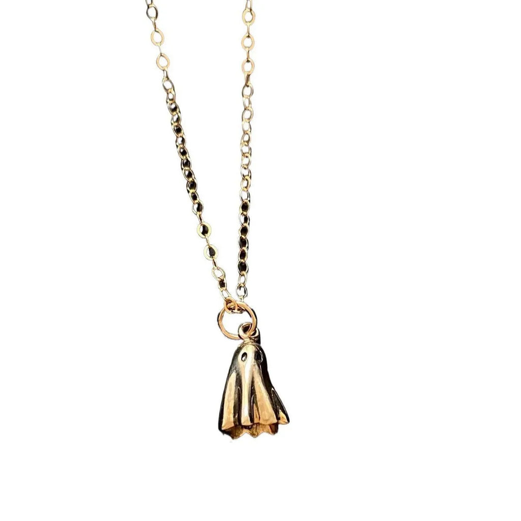 Ghost pendant necklace on a stainless steel chain with choice of cable, Figaro, or mini staple style.
