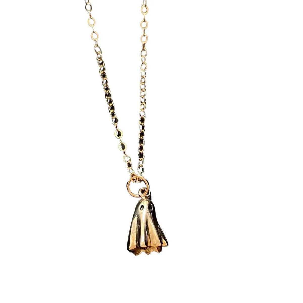 Ghost pendant necklace on a stainless steel chain with choice of cable, Figaro, or mini staple style.