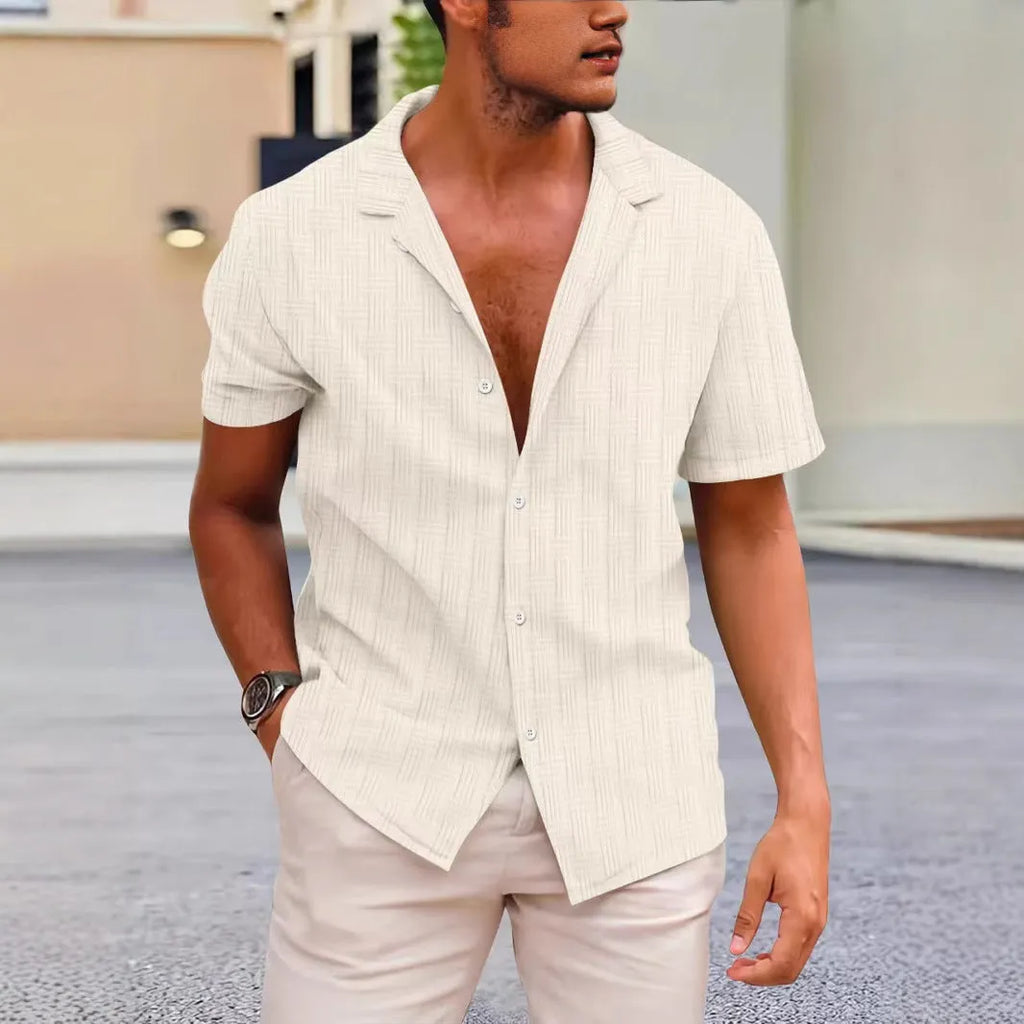 Corduroy short sleeve shirt in regular fit cardigan style showing solid colour options