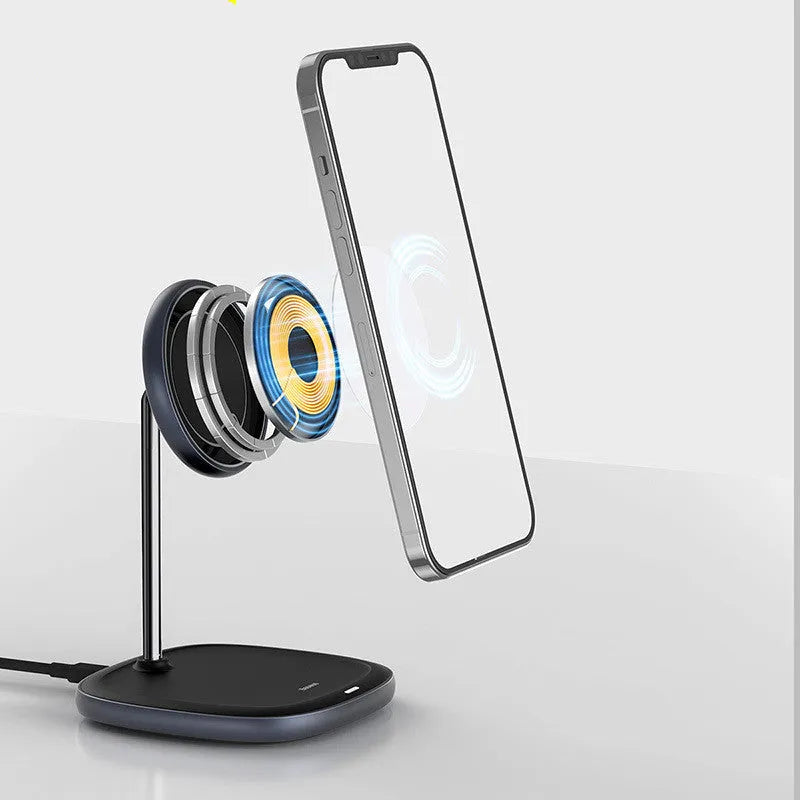 Swan magnetic desktop wireless charger stand for iPhone 12 in black colour with Type-C cable