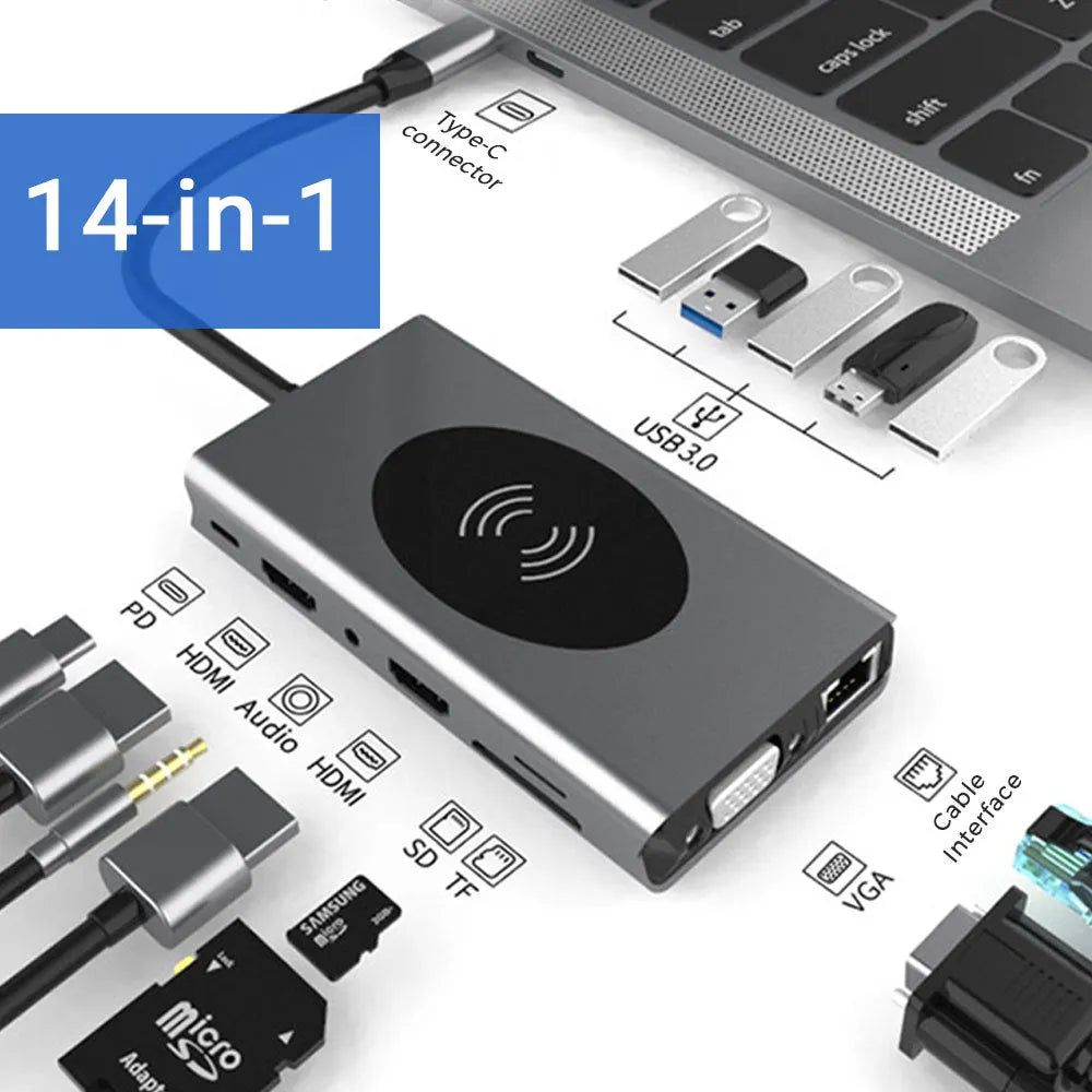 15-in-1 USB-C docking station with 10W wireless charging pad and multiple ports, model 15 in 1.