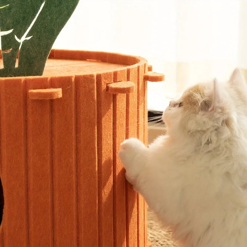 Orange felt carrot-shaped cat nest tunnel with a circular entrance hole, shown in two size options.