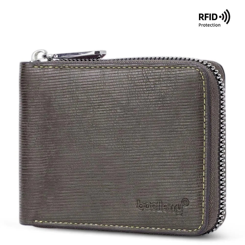 Leather anti-theft credit card wallet with zipper closure in black or brown colour with embossed detail