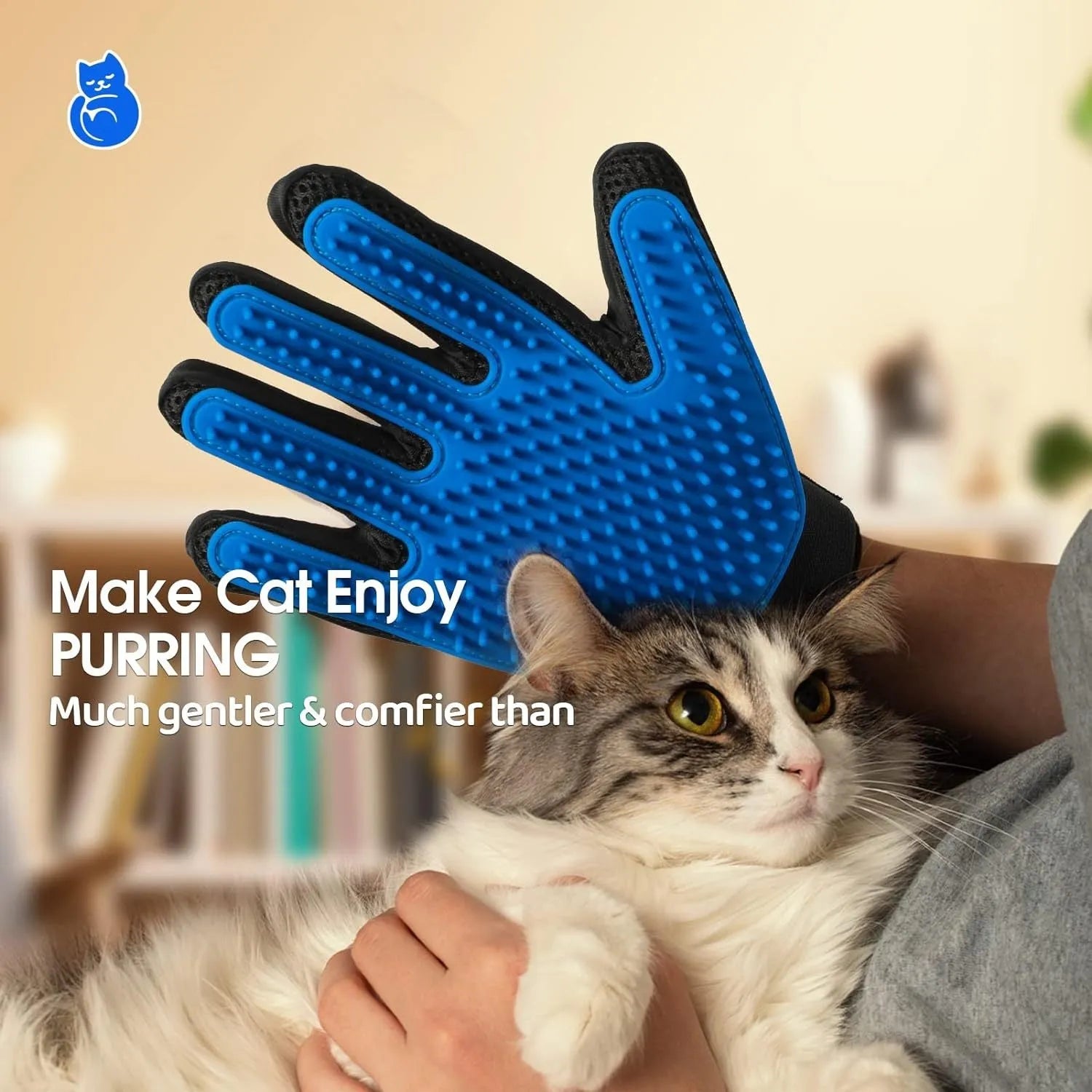 Blue pet grooming glove with silicone tips for dog and cat hair removal