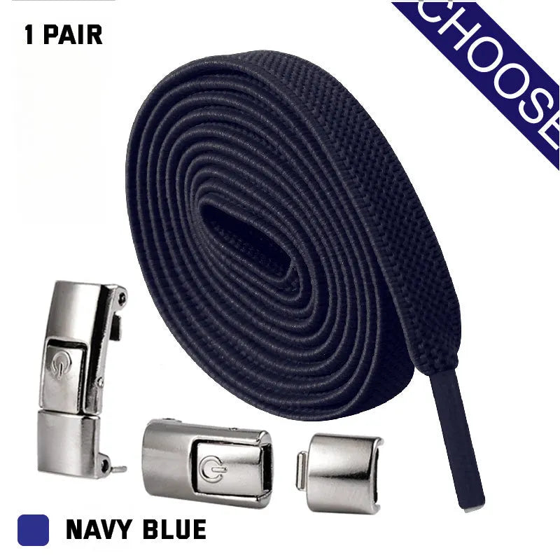 Black press lock elastic no-tie shoelaces with 8mm widened flat design on a white background.