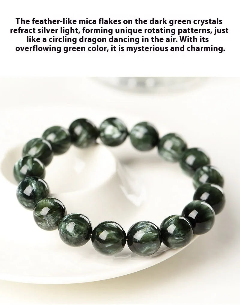 Natural green Grade 7A Green Dragon Crystal bracelet with 8-9mm round beads and Ruyi elements