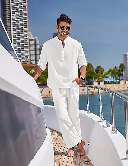 Men's solid colour cotton casual suit with long sleeves and trousers in multiple colours.