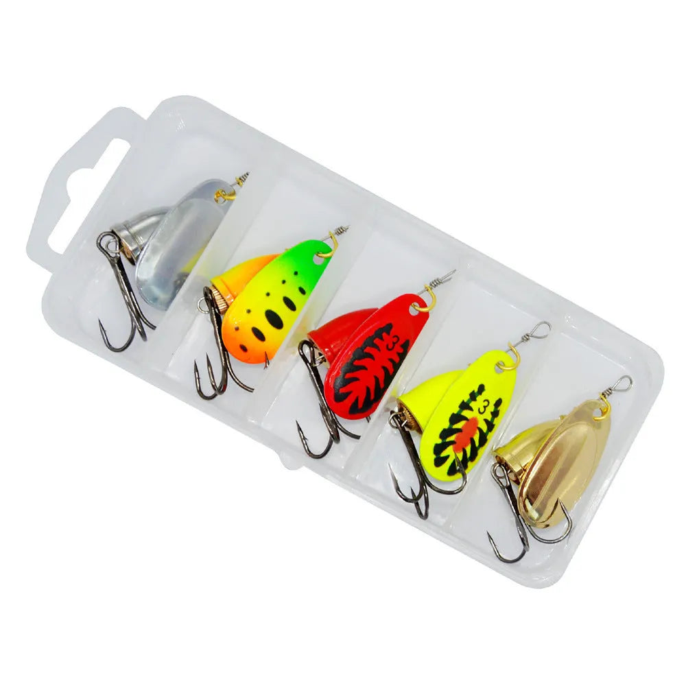 Composite rotating sequins copper bell metal fishing lure in seven colour options on a blue background.