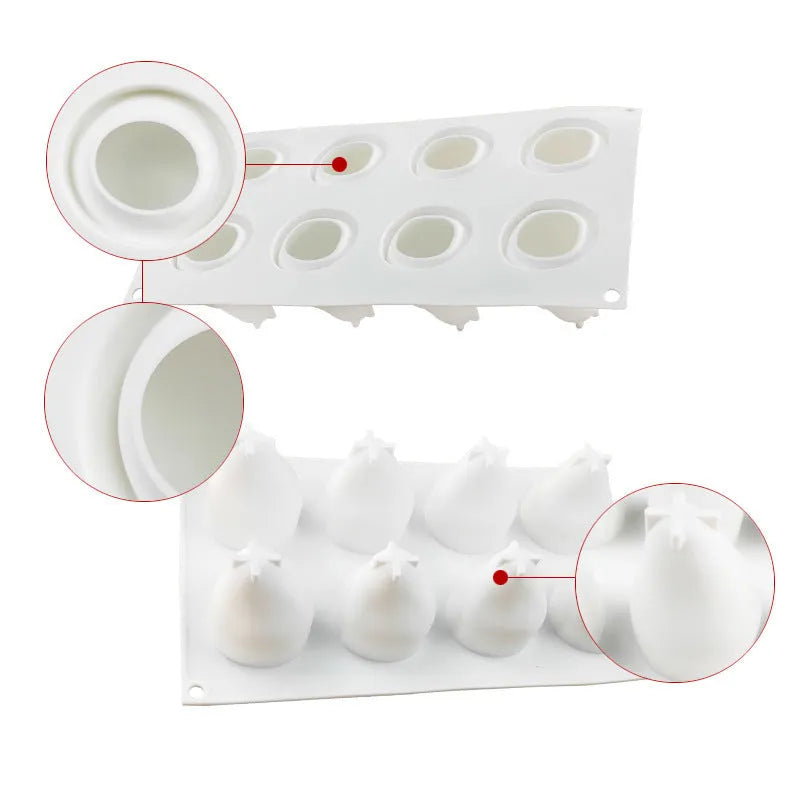 Green silicone baking mould with six cavities shaped like pineapples and pine cones.