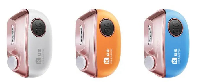 Blue, orange, and white electric nail clipper and polisher with USB-C charging cable and cleaning brush.