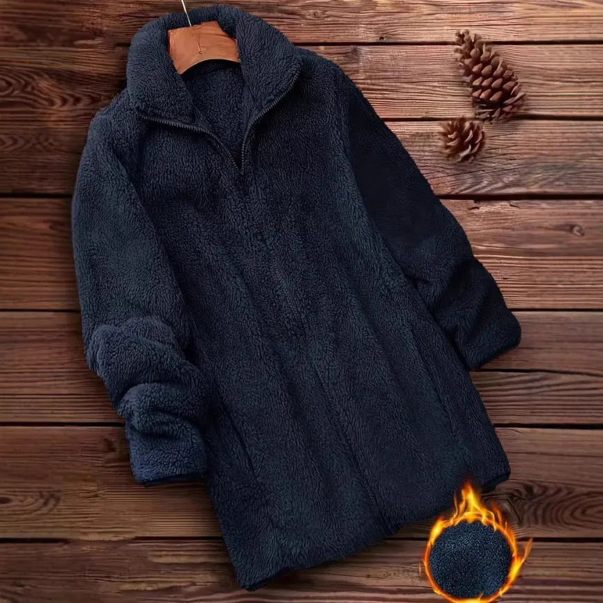 Double-sided velvet fleece jacket in black, shown front-on.