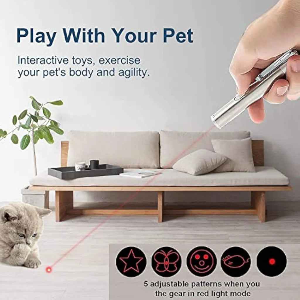 Silver aluminium cat toy pointer wand showing projection patterns including red dot, mice and butterfly