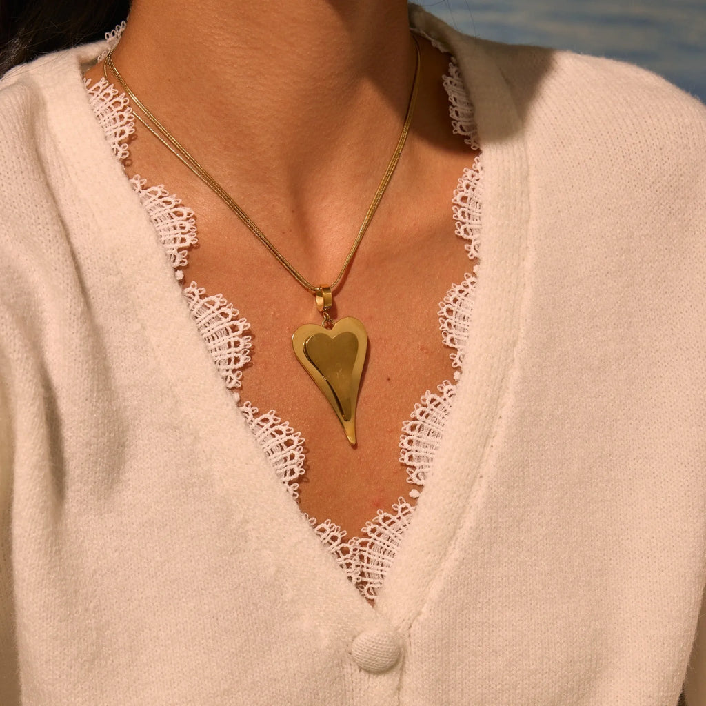 Geometric double heart pendant on stainless steel snake bones chain necklace in gold or steel colour
