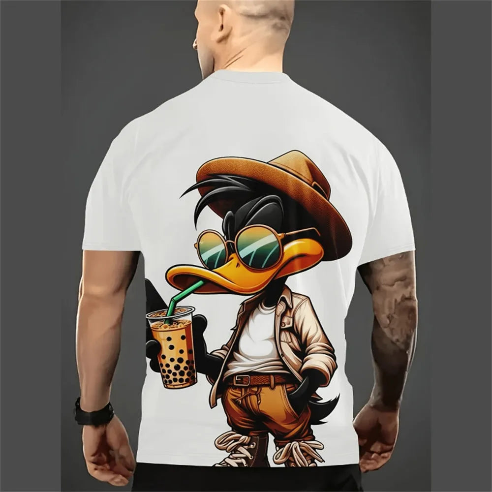 Men's loose fit cartoon 3D print T-shirt in milk silk linen fabric for summer casual wear