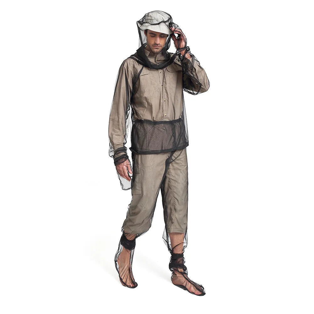 Grey mesh anti mosquito suit set showing hooded top, trousers, and booties for outdoor wear.